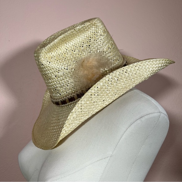 Vintage 70 80 Retro Stagecoach Natural Straw Western Cowboy Hat with Feathers - Picture 6 of 17